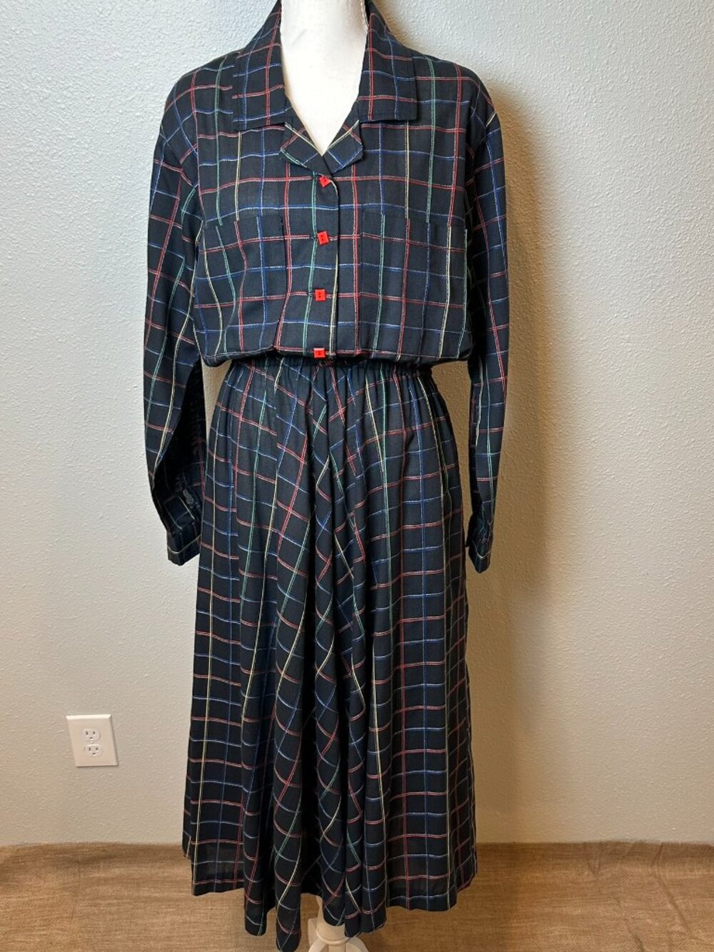 Vintage 80s Handmade Plaid Midi Shirt Dress Geometric Neon Check Secretary Small